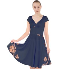 Floral Vintage Royal Frame Pattern Cap Sleeve Front Wrap Midi Dress