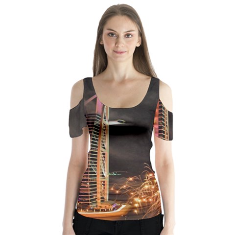 Dubai Burj Al Arab Hotels New Years Eve Celebration Fireworks Butterfly Sleeve Cutout Tee  by Sapixe