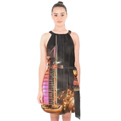 Dubai Burj Al Arab Hotels New Years Eve Celebration Fireworks Halter Collar Waist Tie Chiffon Dress by Sapixe