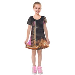 Dubai Burj Al Arab Hotels New Years Eve Celebration Fireworks Kids  Short Sleeve Velvet Dress by Sapixe