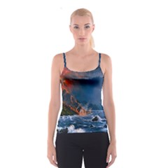 Eruption Of Volcano Sea Full Moon Fantasy Art Spaghetti Strap Top by Sapixe