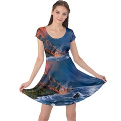 Eruption Of Volcano Sea Full Moon Fantasy Art Cap Sleeve Dress by Sapixe