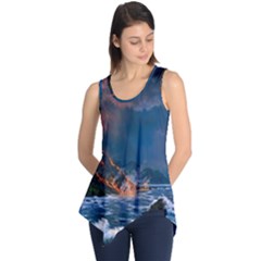 Eruption Of Volcano Sea Full Moon Fantasy Art Sleeveless Tunic by Sapixe