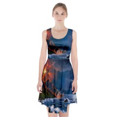 Eruption Of Volcano Sea Full Moon Fantasy Art Racerback Midi Dress