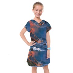 Eruption Of Volcano Sea Full Moon Fantasy Art Kids  Drop Waist Dress by Sapixe