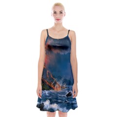 Eruption Of Volcano Sea Full Moon Fantasy Art Spaghetti Strap Velvet Dress by Sapixe