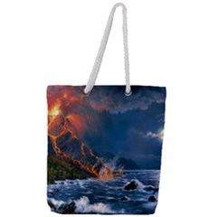 Eruption Of Volcano Sea Full Moon Fantasy Art Full Print Rope Handle Tote (large) by Sapixe