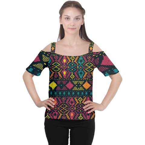 Ethnic Pattern Cutout Shoulder Tee by Sapixe