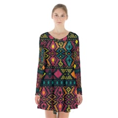 Ethnic Pattern Long Sleeve Velvet V-neck Dress by Sapixe