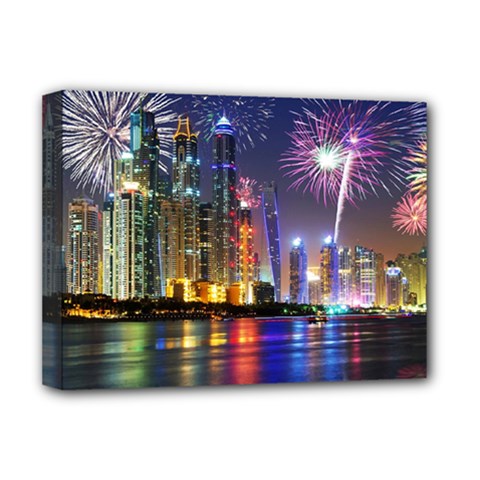 Dubai City At Night Christmas Holidays Fireworks In The Sky Skyscrapers United Arab Emirates Deluxe Canvas 16  X 12   by Sapixe