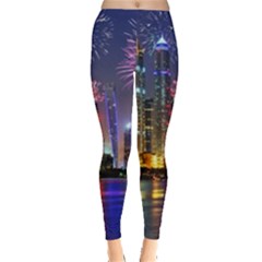 Dubai City At Night Christmas Holidays Fireworks In The Sky Skyscrapers United Arab Emirates Leggings  by Sapixe