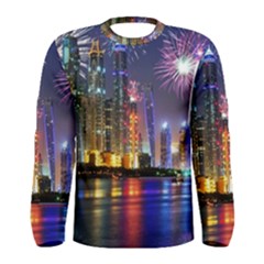 Dubai City At Night Christmas Holidays Fireworks In The Sky Skyscrapers United Arab Emirates Men s Long Sleeve Tee