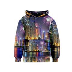 Dubai City At Night Christmas Holidays Fireworks In The Sky Skyscrapers United Arab Emirates Kids  Pullover Hoodie