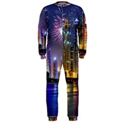 Dubai City At Night Christmas Holidays Fireworks In The Sky Skyscrapers United Arab Emirates Onepiece Jumpsuit (men)  by Sapixe