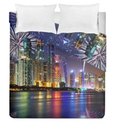 Dubai City At Night Christmas Holidays Fireworks In The Sky Skyscrapers United Arab Emirates Duvet Cover Double Side (queen Size) by Sapixe