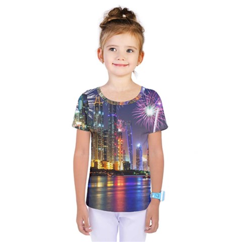 Dubai City At Night Christmas Holidays Fireworks In The Sky Skyscrapers United Arab Emirates Kids  One Piece Tee by Sapixe