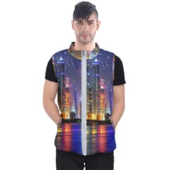 Dubai City At Night Christmas Holidays Fireworks In The Sky Skyscrapers United Arab Emirates Men s Puffer Vest by Sapixe