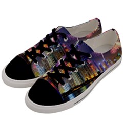 Dubai City At Night Christmas Holidays Fireworks In The Sky Skyscrapers United Arab Emirates Men s Low Top Canvas Sneakers by Sapixe