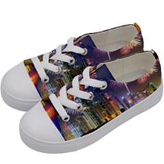 Dubai City At Night Christmas Holidays Fireworks In The Sky Skyscrapers United Arab Emirates Kids  Low Top Canvas Sneakers by Sapixe