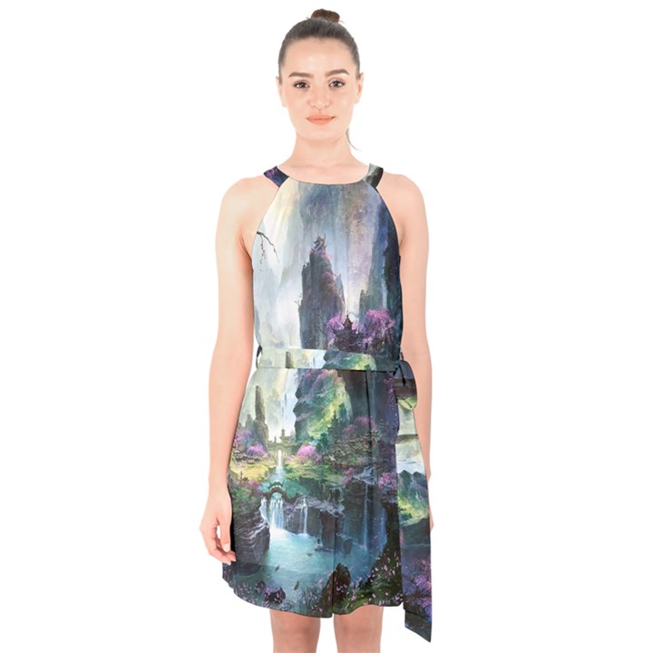 Fantastic World Fantasy Painting Halter Collar Waist Tie Chiffon Dress