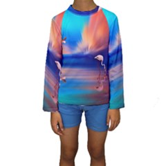 Flamingo Lake Birds In Flight Sunset Orange Sky Red Clouds Reflection In Lake Water Art Kids  Long Sleeve Swimwear by Sapixe