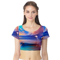 Flamingo Lake Birds In Flight Sunset Orange Sky Red Clouds Reflection In Lake Water Art Short Sleeve Crop Top by Sapixe