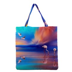 Flamingo Lake Birds In Flight Sunset Orange Sky Red Clouds Reflection In Lake Water Art Grocery Tote Bag by Sapixe