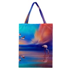 Flamingo Lake Birds In Flight Sunset Orange Sky Red Clouds Reflection In Lake Water Art Classic Tote Bag by Sapixe