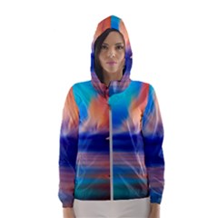 Flamingo Lake Birds In Flight Sunset Orange Sky Red Clouds Reflection In Lake Water Art Hooded Wind Breaker (women) by Sapixe