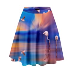 Flamingo Lake Birds In Flight Sunset Orange Sky Red Clouds Reflection In Lake Water Art High Waist Skirt by Sapixe