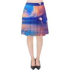 Flamingo Lake Birds In Flight Sunset Orange Sky Red Clouds Reflection In Lake Water Art Velvet High Waist Skirt by Sapixe