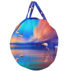 Flamingo Lake Birds In Flight Sunset Orange Sky Red Clouds Reflection In Lake Water Art Giant Round Zipper Tote by Sapixe