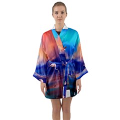 Flamingo Lake Birds In Flight Sunset Orange Sky Red Clouds Reflection In Lake Water Art Long Sleeve Kimono Robe by Sapixe