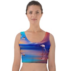 Flamingo Lake Birds In Flight Sunset Orange Sky Red Clouds Reflection In Lake Water Art Velvet Crop Top by Sapixe