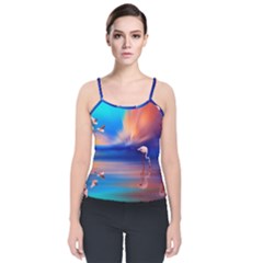 Flamingo Lake Birds In Flight Sunset Orange Sky Red Clouds Reflection In Lake Water Art Velvet Spaghetti Strap Top