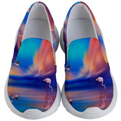 Flamingo Lake Birds In Flight Sunset Orange Sky Red Clouds Reflection In Lake Water Art Kid s Lightweight Slip Ons by Sapixe