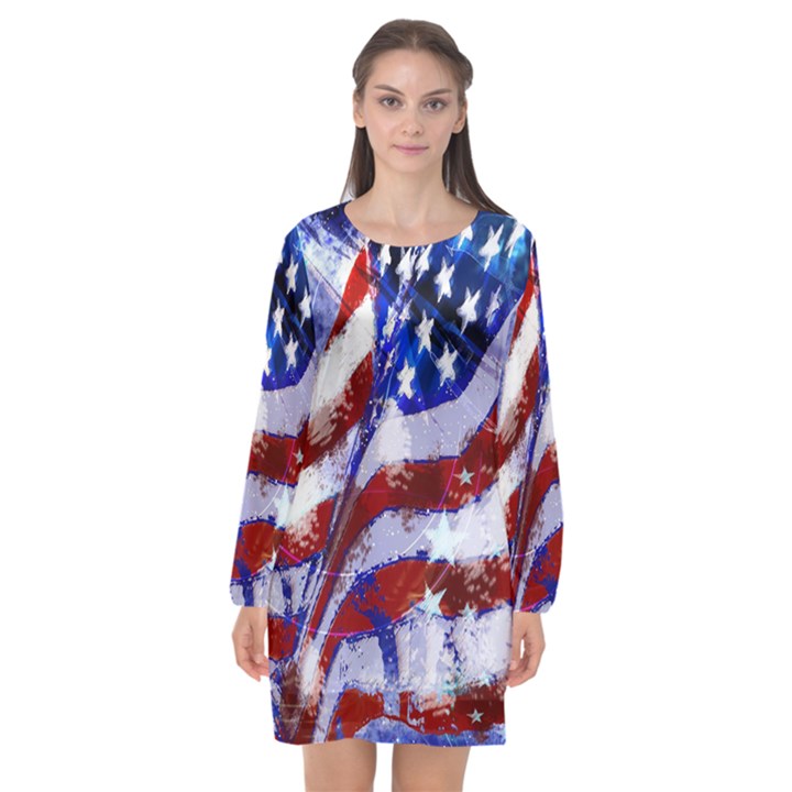 Flag Usa United States Of America Images Independence Day Long Sleeve Chiffon Shift Dress 