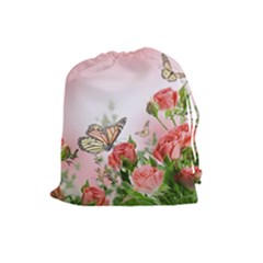 Flora Butterfly Roses Drawstring Pouches (large)  by Sapixe