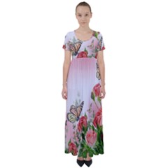 Flora Butterfly Roses High Waist Short Sleeve Maxi Dress by Sapixe