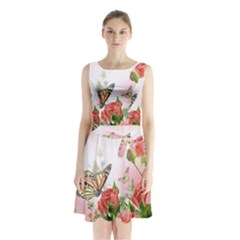 Flora Butterfly Roses Sleeveless Waist Tie Chiffon Dress by Sapixe