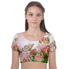 Flora Butterfly Roses Velvet Short Sleeve Crop Top  by Sapixe