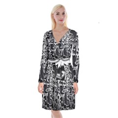 Floral High Contrast Pattern Long Sleeve Velvet Front Wrap Dress by Sapixe