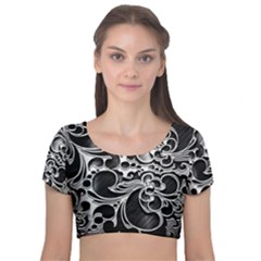 Floral High Contrast Pattern Velvet Short Sleeve Crop Top 