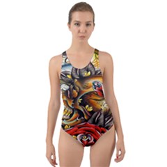 Flower Art Traditional Cut-out Back One Piece Swimsuit by Sapixe