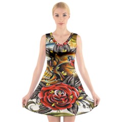 Flower Art Traditional V-neck Sleeveless Skater Dress by Sapixe