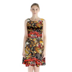 Flower Art Traditional Sleeveless Waist Tie Chiffon Dress by Sapixe