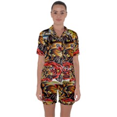 Flower Art Traditional Satin Short Sleeve Pyjamas Set by Sapixe