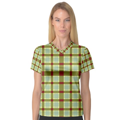 Geometric Tartan Pattern Square V-neck Sport Mesh Tee by Sapixe