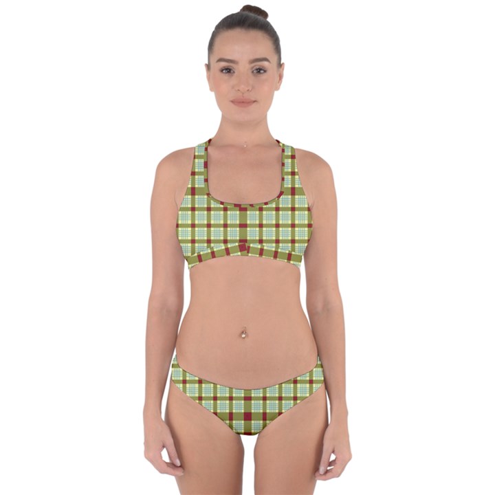 Geometric Tartan Pattern Square Cross Back Hipster Bikini Set