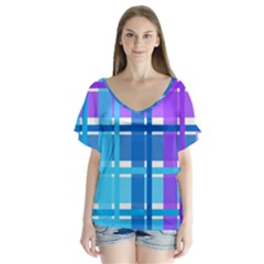 Gingham Pattern Blue Purple Shades V-neck Flutter Sleeve Top by Sapixe